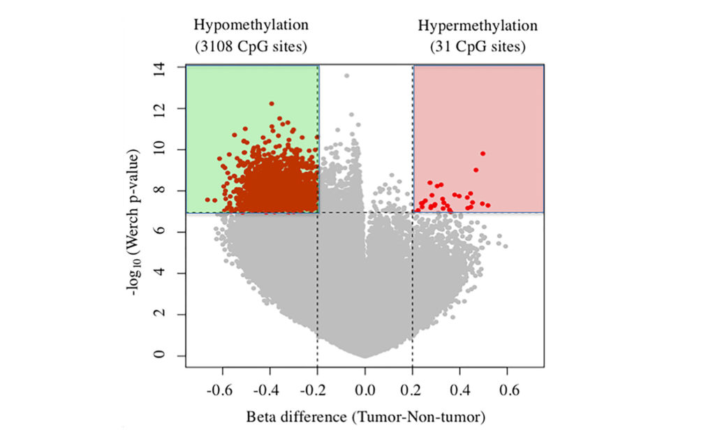 Figure 1: Volcano plots of DNA methylation in tumor tissues compared with nontumor tissue. Significant associations are indicated in red.