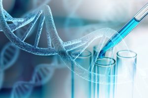 Science laboratory test tubes and DNA structure