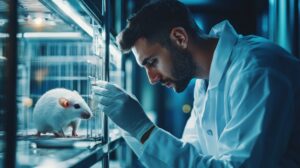 Researcher in a lab coat observing a mouse model in a cage, studying brain tumors.