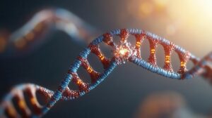 DNA damage leading to cancer 3D visualization showing DNA strands breaking apart, leading to cancer cell formation, with bright color contrasts for educational use