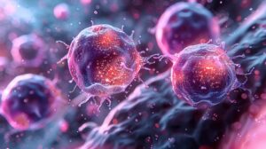 Chemotherapy drug molecules interacting with cancer cells, causing cell death